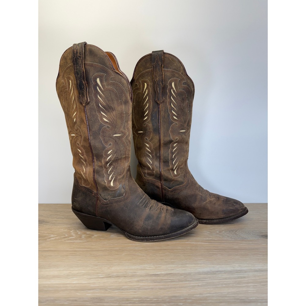 Dan Post Western Boots 3751 Brown Distressed Leather Almond Toe Boho Women 8